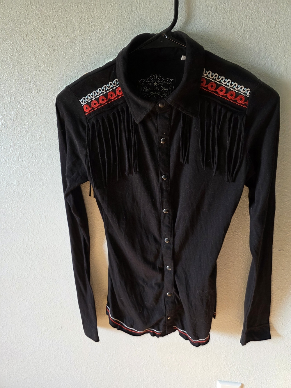 Panhandle Slim Black Button-Down Western Shirt with Red & White Trim